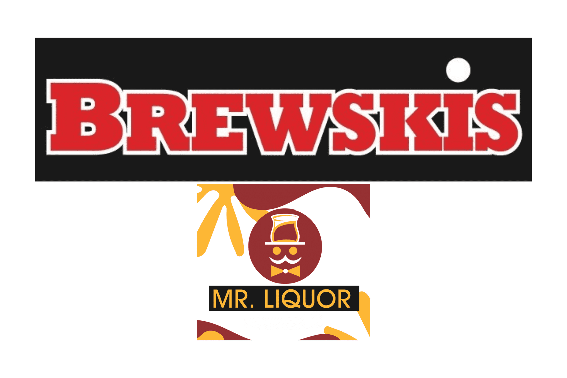 Brewski's and Mr. Liquor logos, featuring bold text and a stylized figure with a hat and mustache.
