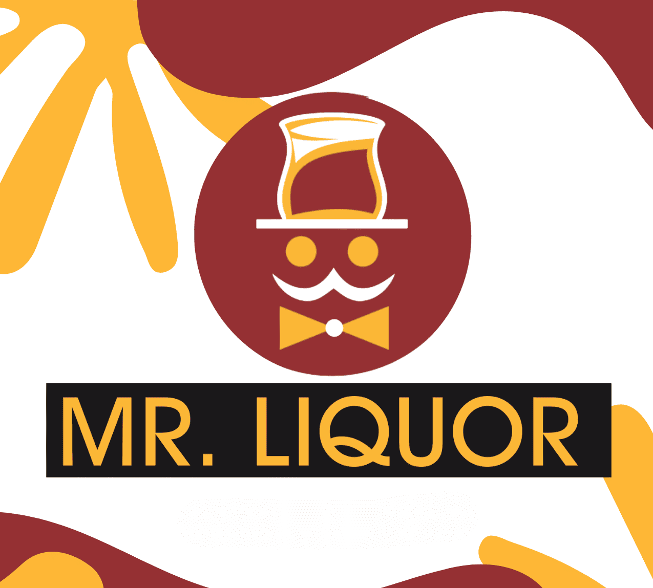 Logo for "Mr. Liquor" featuring a glass, hat, and bow tie in red, yellow, and white colors.