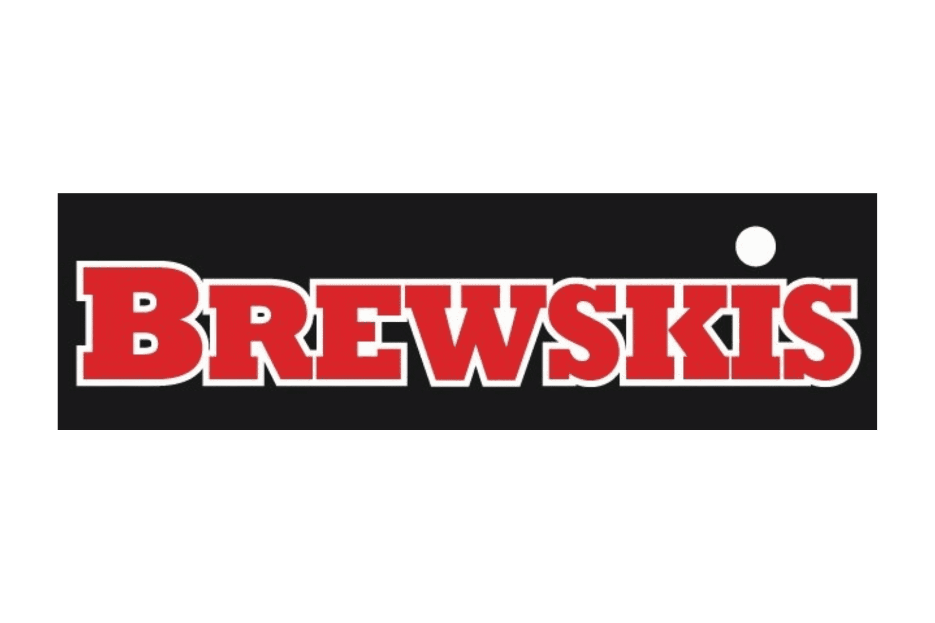 Brewskis logo with bold red letters on a black background and a white dot above the "I".