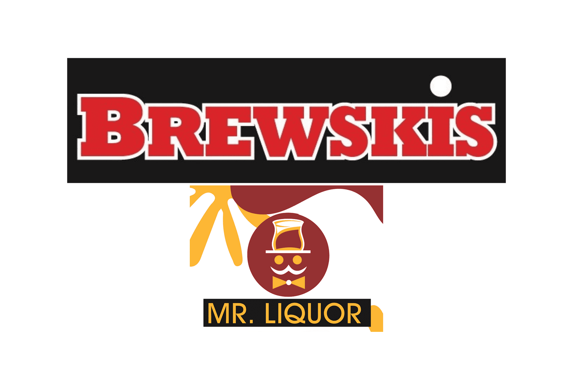 Brewski's logo above Mr. Liquor's logo featuring a stylized person in a top hat and sunglasses.